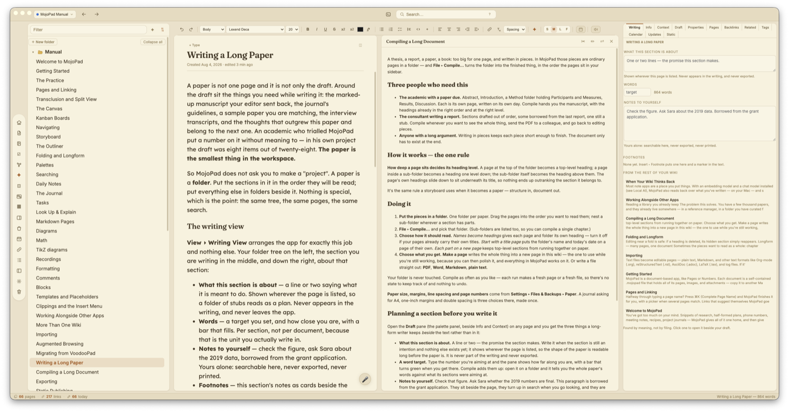 The writing view: the folder tree, the section being written, and beside it what else in the wiki belongs here — one of which has been opened in the pane between them.